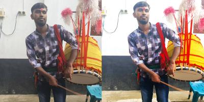 ঢাক বাজিয়ে পড়ার খরচ চালান জবির রমেশ