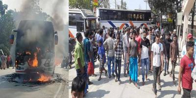 জামালপুরে বাস-অটোরিক্সার মুখোমুখি সংঘর্ষে নিহত-১, বাসে আগুন, সড়ক অবরোধ