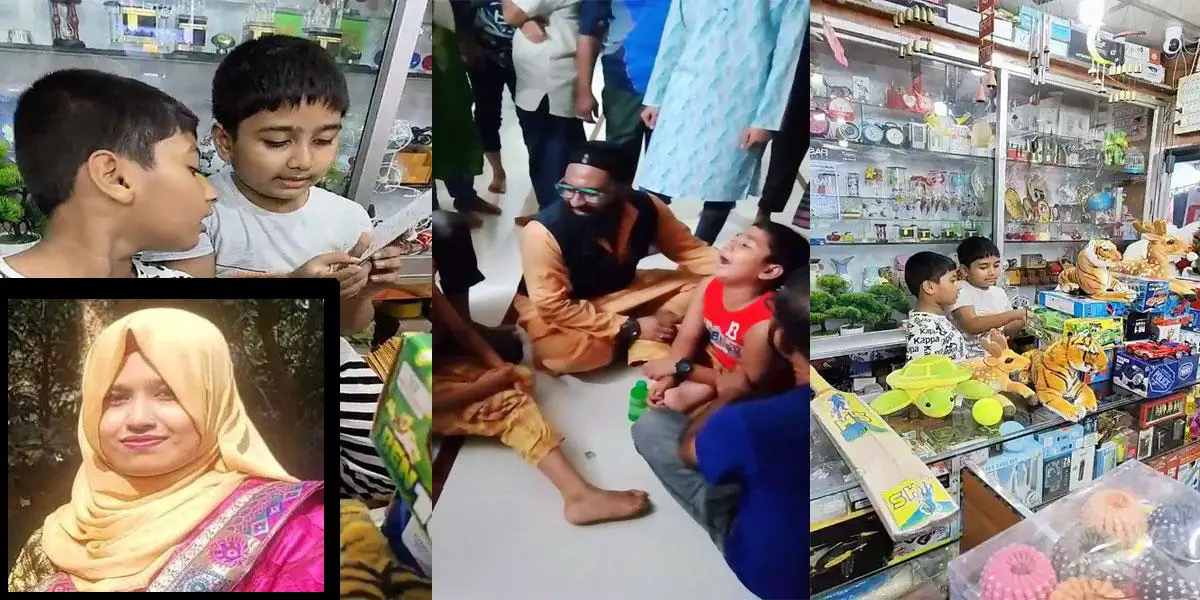 নালায় মা হারানো যমজ ছেলেদের মন ভোলাতে খেলনার দোকানে বাবা