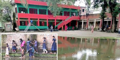 আইঙ্গন প্রাথমিক বিদ্যালয় মাঠে জলাবদ্ধতা, ঝুঁকি নিয়ে শিক্ষার্থীদের যাতায়াত