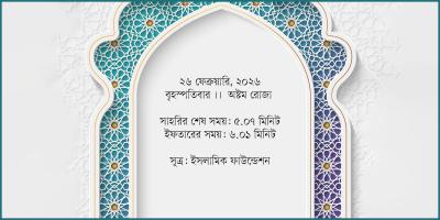 ২৬ ফেব্রুয়ারি ২০২৬, বৃহস্পতিবার সাহরি ও ইফতারের সময়সূচি