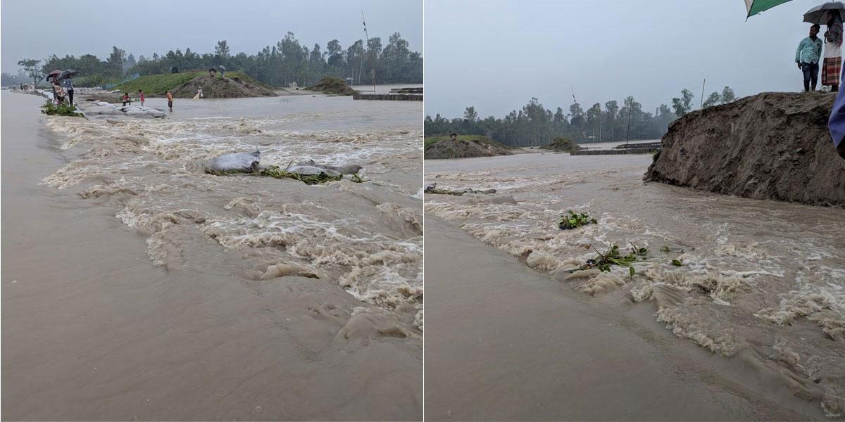 কুড়িগ্রামে বাঁধ উপচে লোকালয়ে ঢুকছে পানি