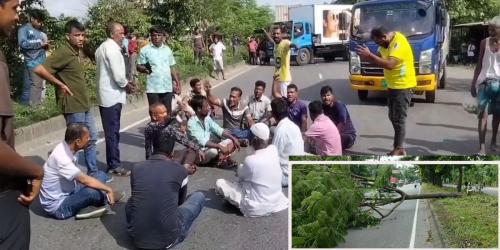 প্রার্থিতা বাতিলের প্রতিবাদে বিক্ষোভ, মহাসড়কে গাছ কেটে ব্যারিকেড